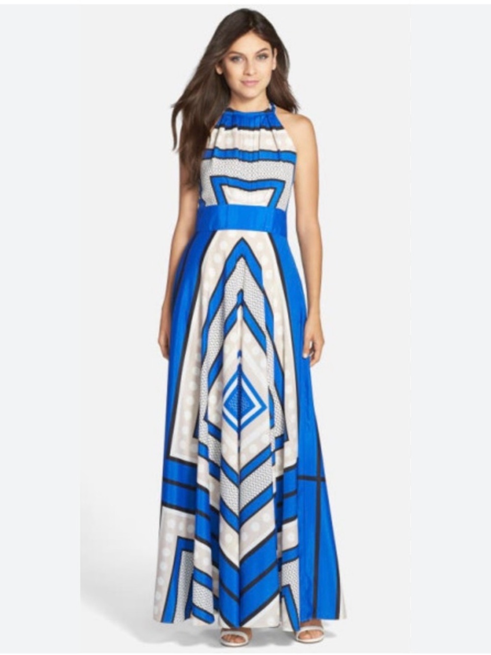 Eliza J Scarf Print Crepe de Chine Fit & Flare Maxi Dress Blue Navy Cobalt Sz 4